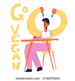 Go Vegan. Delicious vegan food. Pleasure on the palate. Love of food.Vegan Character. Vegan concept, lettering. Flat Cartoon Vector Illustration. Clip art