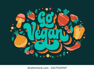 Vamos vegano - diseño con una frase estilo escritura de los años 70, con letras coloridas y rodeado de verduras y hojas juguetonas. Banner creativo de estilo de vida vegetariano y sano