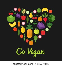 Go vegan design. Healthy food concept. Heart shape filled with collection of fresh healthy fruits and vegetables. Organic products template. Vegetarian food. Vector illustration.