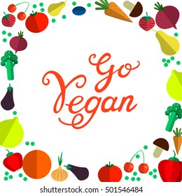 Go vegan. Fresh healthy organic vegan food vector hand drawn illustration.