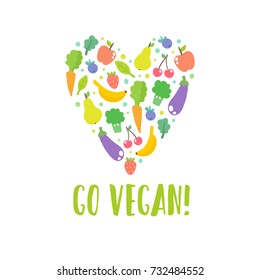 Go vegan. Fruits and vegetables in a heart shape. Vector cartoon illustration
