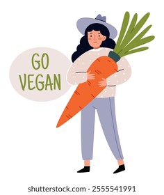 
Go Vegan. Girl holding a big carrot.Female character with vegetarian healthy food, girl women holding huge carrot flat vector illustration on white background