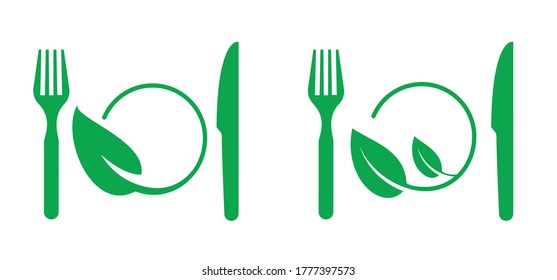 Go Vegan. Green Eco Concept Vegetarian Food Safety, Ready To Eat Easy Prep Foods Icon. Vector Logo, Sign For Dinner, Breakfast, Lunch Meal. Healthy Die. Fork And Knife. Grocery Good Service. Eco Check