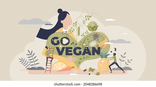 Go vegan as green and raw food eating for healthy diet tiny person concept. Lifestyle with vegetables, greens, plants or fruits consumption and exclude meat or animal products vector illustration.