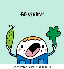 Go vegan hand drawn vector illustration in cartoon comic style lettering man eating vegetables cucumber broccoli