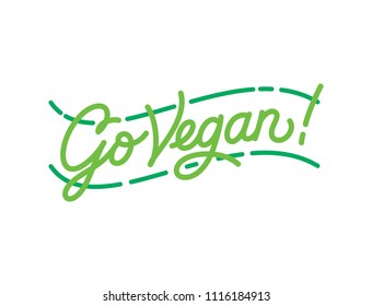 Go Vegan hand made lettering logo in original style. Hand drawn calligraphic green vegan eco template. Go Vegan vector design with line ornaments and fresh green leafs. Ready for all type of media