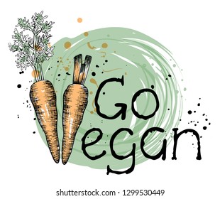Go vegan hand written text with carrots, vector