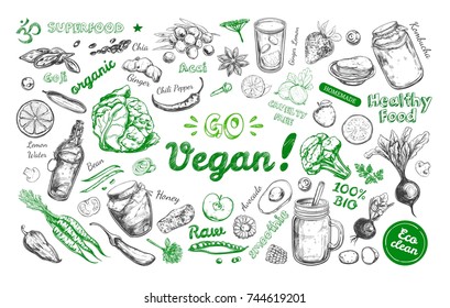 Go vegan. Healthy food. Vegetarian Big Set. Vector hand drawn isolated elements on white. Sketch style