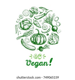 Go vegan. Healthy food. Vegetarian Big Set. Vector hand drawn isolated elements on white. Sketch style