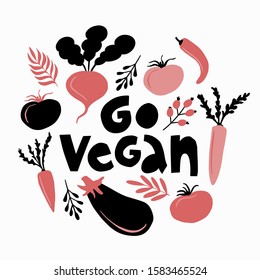 Go vegan isolated vector lettering illustration. Vegetables doodle clip art print, poster, greeting card, banner