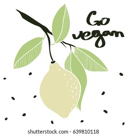 Go vegan. Lemon doodle sketch style illustration. Vector. Vegan food concept design for healthy eating. Hand drawn tropical summer fruit for menu, branding package, juice, detox drink