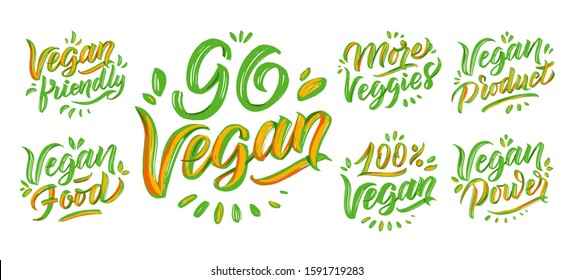 Go vegan lettering phrases, logos set. Vector illustration. Handwritten compositions for shop, market, restaurant, cafe menu, etc. Collection for labels, badges, stickers, stamps, emblems. 