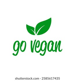 Go vegan logo with leaves icon and handwriting isolated vector illustration.