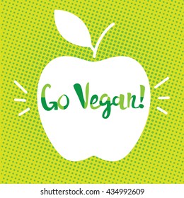 Go vegan poster. Pop art background. Apple silhouette on the pop art background. Vector illustration