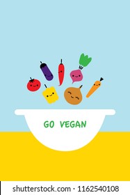 Go vegan poster with vegetables icons falling in to the big food bowl. Vector illustration. Healthy food concept.