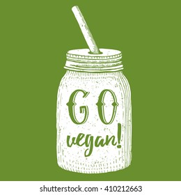 Go vegan poster in vintage style, vector illustration with jar with star