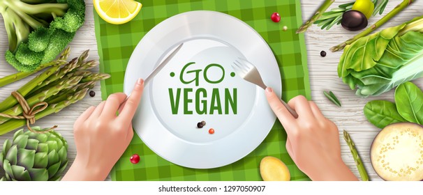 Go vegan realistic top view advertising poster with holding cutlery hands plate green vegetables placemat vector illustration