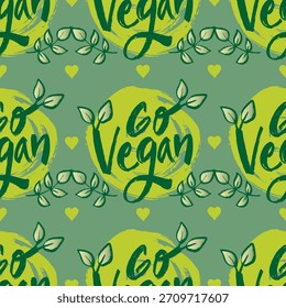 Patrón vegano sin fisuras con hojas y corazones