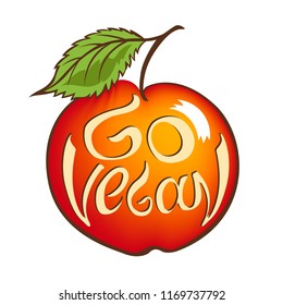 Go vegan slogan. Hand lettering in the shape of red apple