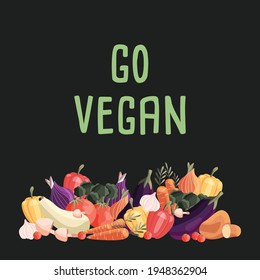 Go vegan square poster template with collection of fresh organic vegetables. Colorful hand drawn illustration on dark green background. Vegetarian and vegan food. 