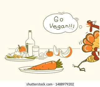 Go vegan. Thanksgiving turkey bird runs away from the festive table. Vector illustration with text