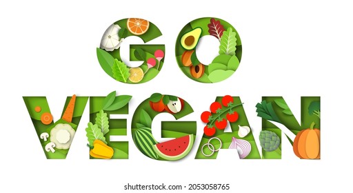 Vayan a vegano, plantilla de banner vectorial de tipografía. Verduras frescas cortadas con papel, sandía dulce, manzana, pera y frutas tropicales en el interior de las letras. Dieta saludable, nutrición orgánica, comida vegetariana, verde