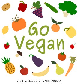 go vegan vector card background illustration with fruits and vegetables