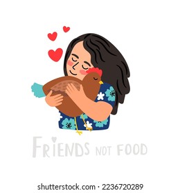 Go vegan. Vector illustration about friendship between people and animals. Little kind girl hugs the chicken. Nature respect concept and vegan lifestyle. Happy hen with little hearts illustration