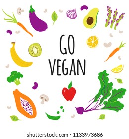 Go vegan vector  illustration with  handdrawn fruits and vegetables. Cruelty free lifestyle concept. 