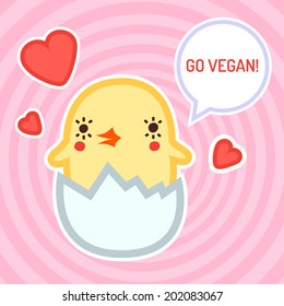Go vegan vector illustration (sticker) with cute chicken and hearts.