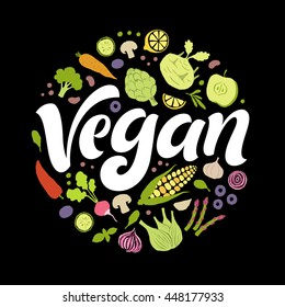 Go vegan vector lettering with hand drawn fruits and vegetables. Products elements, calligraphic food logo. Eating set for farm, market, cafe design, menu, recipes. Healthy organic fresh illustration