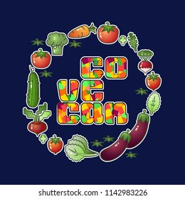 Go vegan. Vegetables isolated on blue background. Vector image zucchini, aubergine, tomato, carrots, beets, lettuce, arugula, broccoli. Vegan stickers.