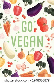 Go vegan vertical poster template with collection of fresh organic vegetables. Colorful hand drawn illustration on light green background. Vegetarian and vegan food. 