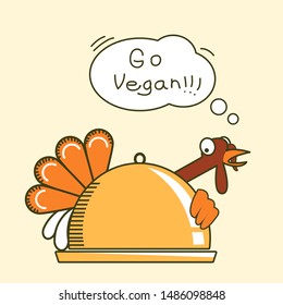 Go vegan. We are all animals. Thanksgiving turkey bird color symbol illustration with text