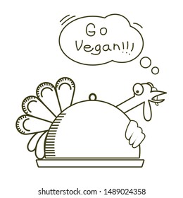 Go vegan. We are all animals. Thanksgiving turkey bird vector illustration with text