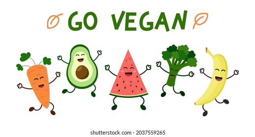 Go vegan. World Vegetarian Day. Happy cute vegetables and fruits have fun smiling. Avocado, broccoli, watermelon, carrot and banana. Healthy food concept. Vector hand drawn illustration.