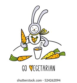 Go vegetarian. Bunny rabbit and carrots on white background. Children vector illustration on white. Cute character design and graphic elements for kids. Cartoon hand drawn style.
