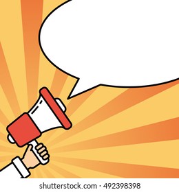 Go vote concept. Hand with megaphone on bright striped background with speech bubble. Presidential campaign.