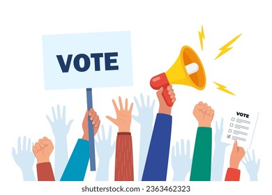 Go vote demonstration. Isolated up hands holding together. Election campaign. Hands holding vote signs, crowd of people. Vector illustration