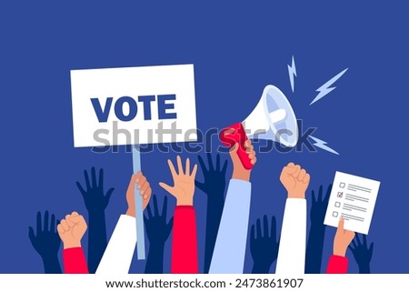 Go vote demonstration. Isolated up hands holding together. Election campaign. Hands holding vote signs, crowd of people. Vector illustration