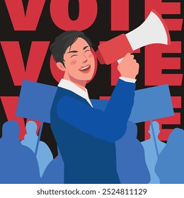 go vote man using megaphone election day flat illustration