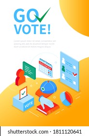 Go vote - modern colorful isometric web banner with copy space for text. Politics, election, public speaking and electioneering concept. Ballot box and voting papers, book of oath, results images