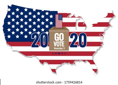 Go Vote on November 3, presidential election 2020 banner, poster. Bulletins box, USA flag, map, isolated on white background. Call to act at election campaign in United States of America. Flat vector.