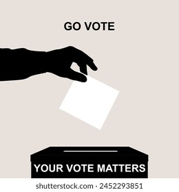 Go vote. Silhouette of voter hand putting ballot into voting box