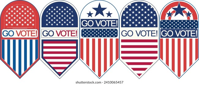 Go VOTE US pin button icon sticker set, Presidential Election, midterm, House or Senate elections,. American Election campaign style, Electoral symbols, United States of America USA Flag.