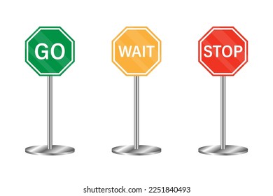 Go, wait, and stop road sings. Warning road sings. Traffic control signs. Red "stop" octagon, green "go" octagon
