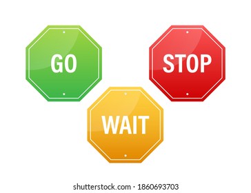 Go, wait, and stop traffic signs. Color set. Vector stock illustration.