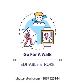 Go for a walk concept icon. Me time ideas. Healthy sport activities types. Outdoor body improving idea thin line illustration. Vector isolated outline RGB color drawing. Editable stroke