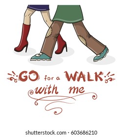 Go for a Walk with Me - couple on date illustration. Greeting card.