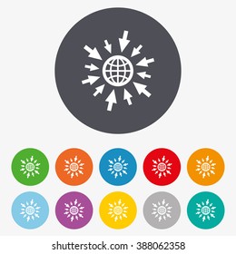 Go to Web icon. Globe with mouse cursor sign. Internet access symbol. Circle colourful buttons.